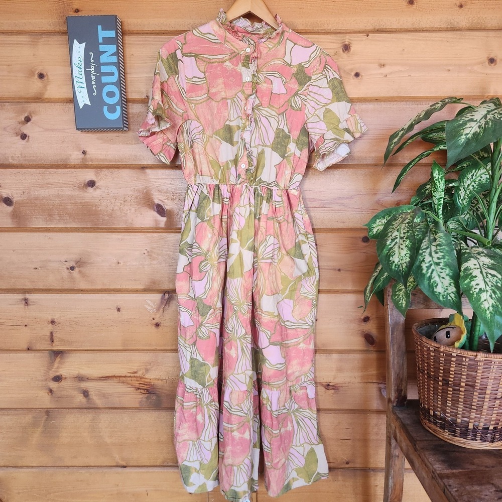 LaRoque Ruffle Maxi Dress Pink‎ Floral Palm Beach Mock Neck Tiered Preppy Medium